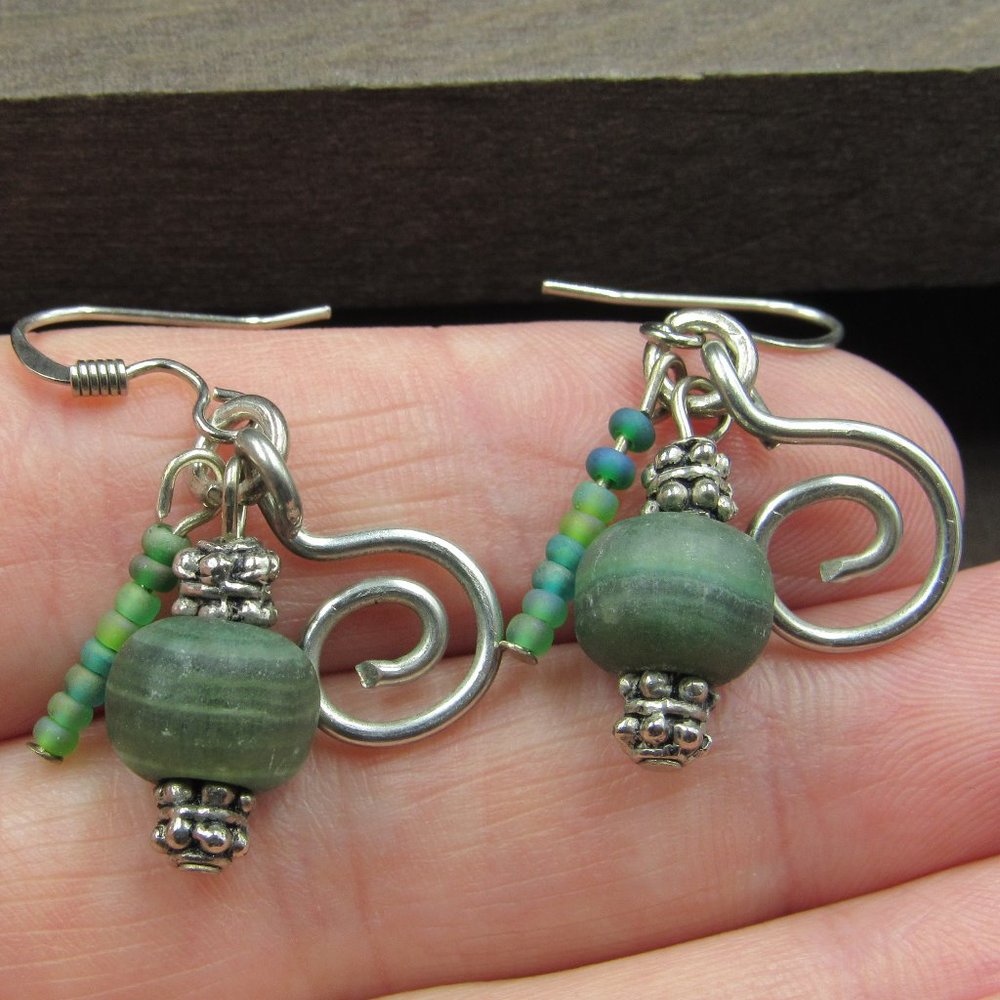 Sterling Silver Swirl Charm Malachite Stone Earrings Vintage